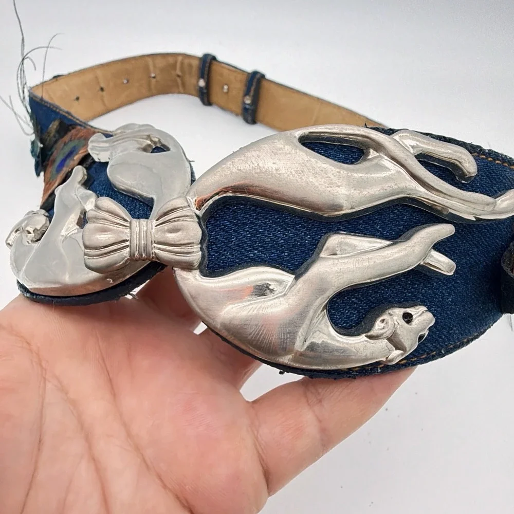 VTG Denim Leather Belt Peacock Feathers Leopard Silver Tone Buckle Adjustable